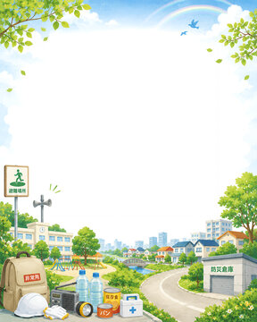 防災の日と避難場所をイメージした街並みイラスト背景　防災啓発・コピースペース