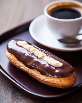 A delicious chocolate eclair and coffee on a tray