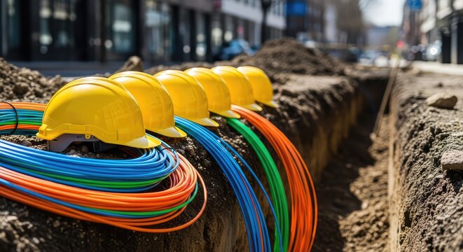 Protective safety helmets and fiber optic cables being laid in an underground trench to improve high speed internet access in urban areas, digital, industry, networking
