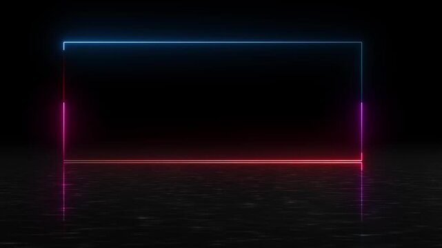 Blue red neon border visual with empty black center, reflective floor glow, and clean rectangular frame. Perfect for promo videos, cinematic titles, product screens, and motion overlays.