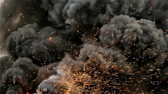 Large explosion with massive dark smoke and bright glowing sparks. War scene showing artillery fire or demolition blast. Combat fire incident and pyrotechnic effect.