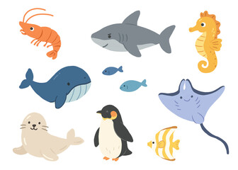 Fototapeta premium Sea Ocean Animals Clipart Sticker Illustration PNG Set