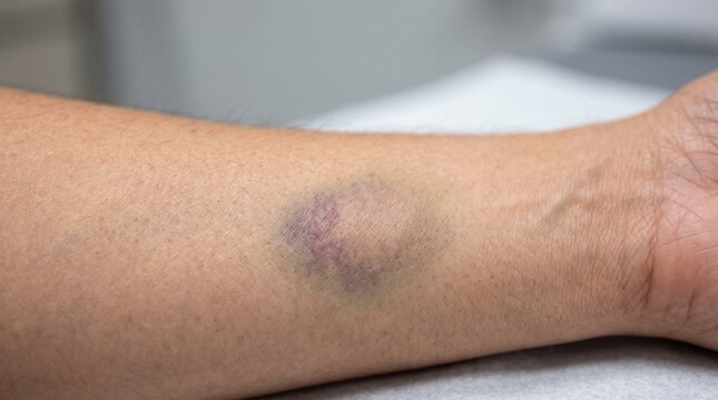 A close-up shot of a person's forearm displaying a noticeable dark purple and blue bruise on the skin from an injury.