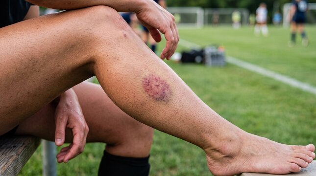 Athlete's leg showing a prominent bruise on the calf while resting on the sidelines of a soccer game.