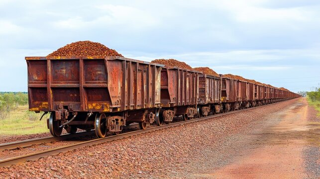 Long freight train carrying raw ore on tracks