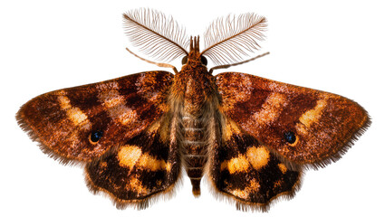 Isolated top-down view of a stunning brown and orange moth with delicate feathery antennae. © Ana