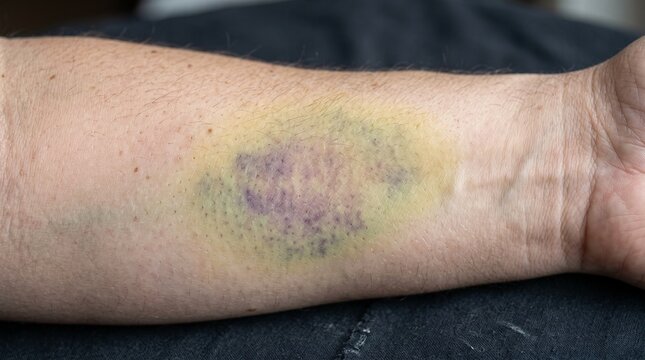 Close-up view of a large, discolored bruise on a human forearm, showing stages of healing with purple, yellow, and green tones.