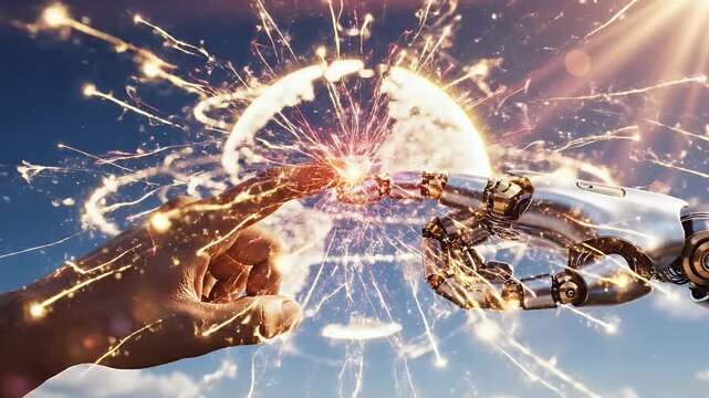 Human finger and robot hand touching a bright energy sphere