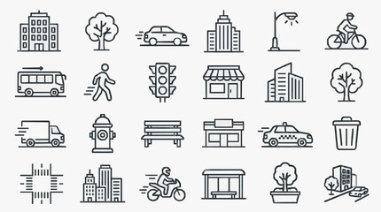 Minimalist Black and White Line Icons Set of Urban City Life Elements and Transportation Vehicles © Ikik