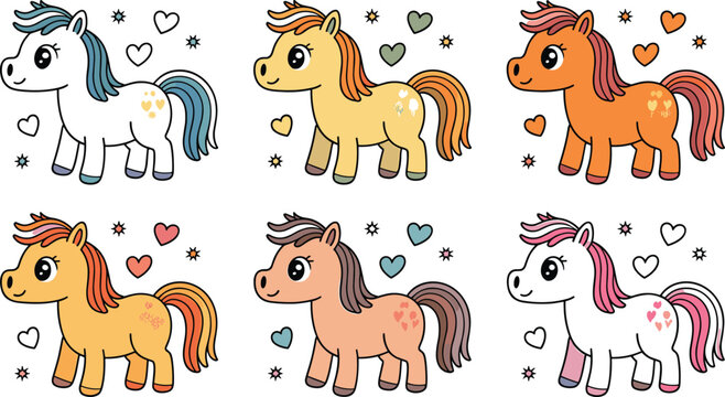 Cute cartoon unicorns and ponies set with hearts and stars illustration