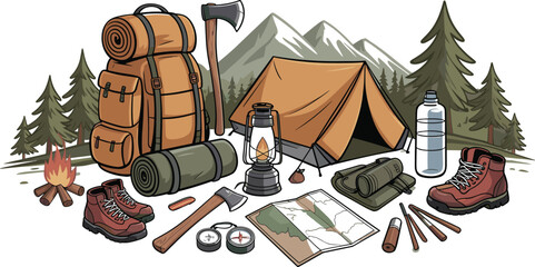 Camping gear illustration with tent backpack and mountain silhouette © Abdullah