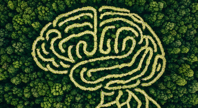 Aerial view of a brain shaped path in a lush green forest-environmental intelligence and nature mind concept