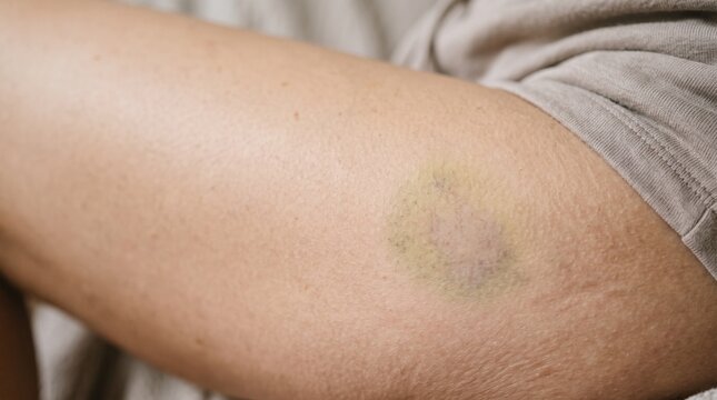 Detailed view of a healing contusion on human skin, displaying typical color changes during recovery.