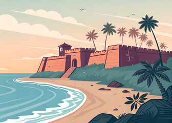 Obraz premium Bekal Fort Kerala massive coastal fort overlooking pristine Arabian Sea shoreline panoramic composition modern minimal flat vector illustration
