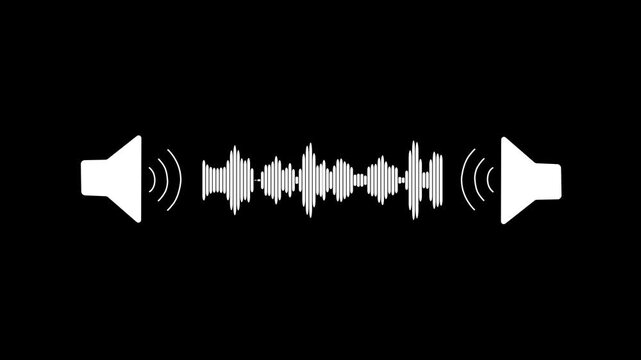 White Audio Waveform Visualizer Sound Frequency Spectrum Line Animation with Speakers Playing Voice Message and Music Rhythm Soundwave Icon on Black Background for Media Player