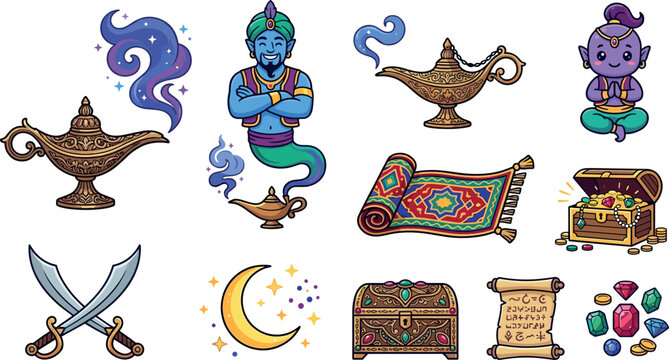 Arabian nights cartoon vector icon set featuring magic genie lamps flying carpet treasure chests scimitar swords and crystals.