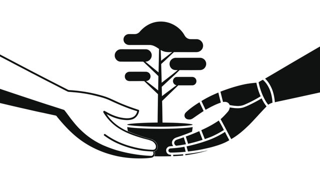 Minimalist Human and Robot Hands Holding Plant Vector Illustration - Green Technology, AI, and Sustainability Concept