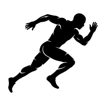 Silhouette of a muscular male runner or sprinter sprinting dynamically with white accent highlights in side profile view