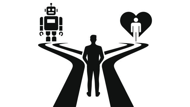 Human Choosing Between AI Technology and Humanity Concept Vector Illustration with Man Standing at Crossroads, Robot, and Heart Symbol