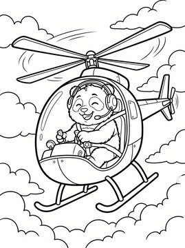 Coloring page, happy panda flying a small helicopter.
