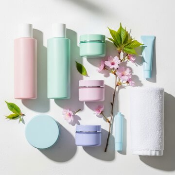 Minimalist flat lay of organic cosmetic products with spring cherry blossoms