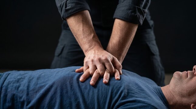 CPR Training in Progress: A close-up shot shows a person practicing cardiopulmonary resuscitation (CPR) on another person lying down, with hands positioned on the chest.