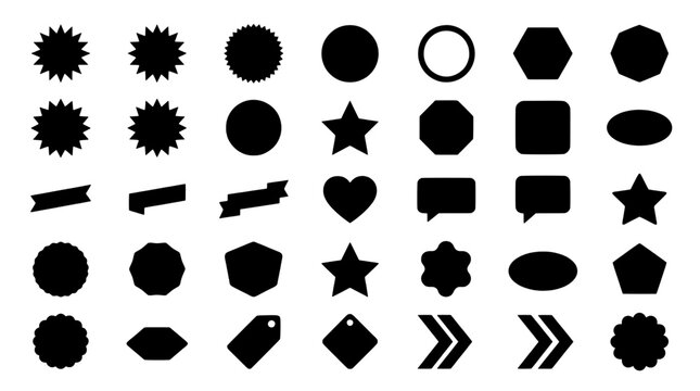 Collection of red promotional stickers and geometric shapes for sale labels and marketing design elements