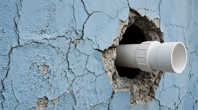 White plastic pipe protruding from hole in damaged blue cracked wall surface.
