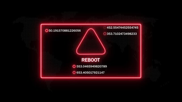 Neon red digital reboot warning interface with flashing warning triangle and rapidly changing data streams for futuristic cyber security, system error alerts, and high-tech software development