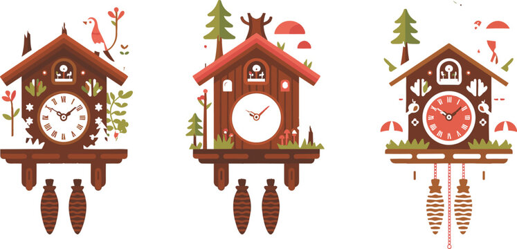 Vintage cuckoo clocks trio with forest elements and bird details