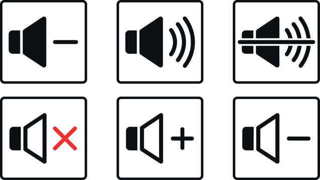 Audio speaker volume control icon set with mute increase decrease up down sound adjustment square button vector illustration.