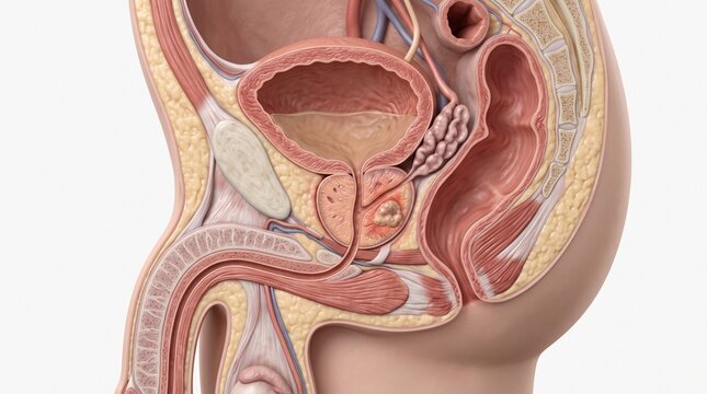 Sagittal view of male anatomy showing reproductive and urinary systems, including prostate, bladder, and penis.