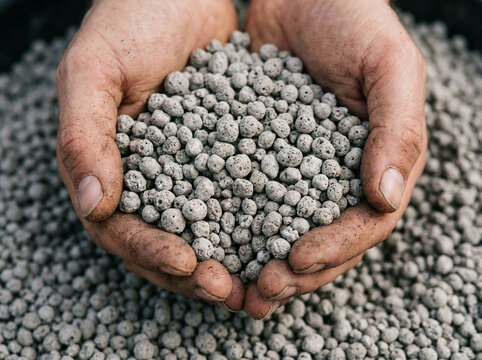 Hands holding a large handful of small grey round clay pebbles for gardening and plant soil drainage