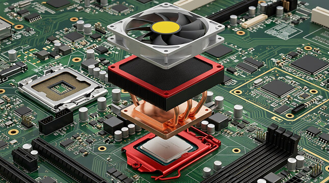 Electronic hardware assembly of central processing unit with cooling fan on circuit motherboard