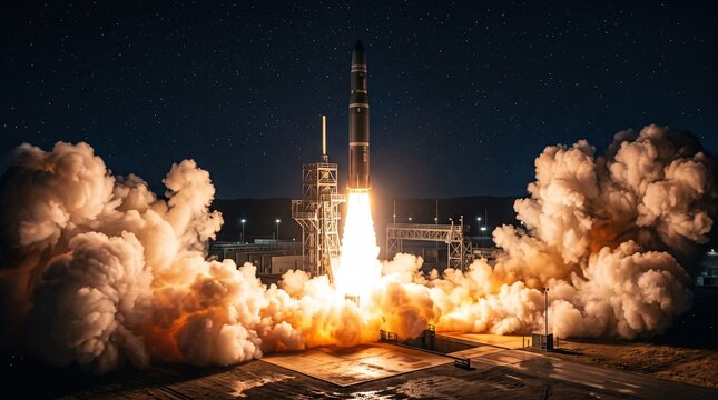 ICBM missile launch at night with fiery exhaust plume. Advanced rocket propulsion system lifting off from military silo.