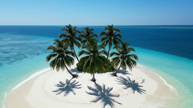Pristine tropical island with lush palms casting shadows on white sand