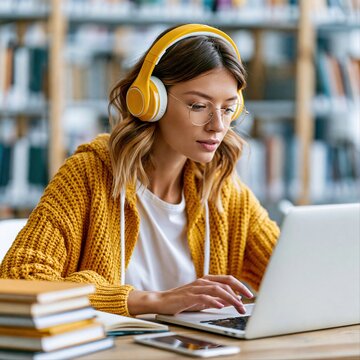 Young woman studies in library while wearing yellow headphones and using laptop