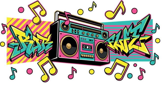 Retro retro boombox ghetto blaster with graffiti text and colorful musical notes vector illustration in nineties pop art style.
