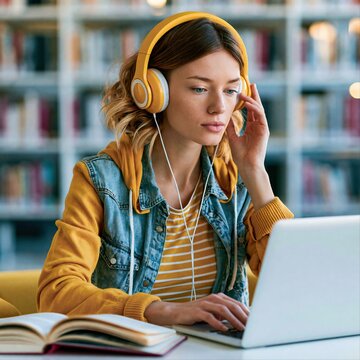 Young woman studies with laptop and headphones in library during afternoon
