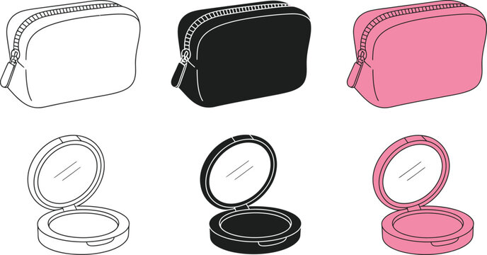 Cosmetic bag and compact icon set with monochrome and colorful styles, beauty makeup accessories, grooming essentials, skincare tools, and cosmetic collection graphics, vector, designs