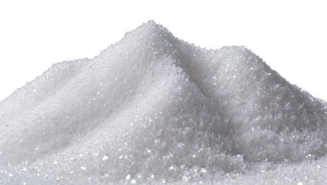 Isolated pile of sparkling white granulated sugar, shimmering crystalline texture detail