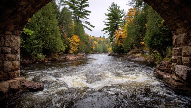 Forest river flowing beneath a historic stone archway.