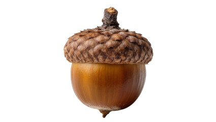 Isolated single vibrant natural brown acorn with textured cap, symbolizing autumn and fall harvest © Saoirse