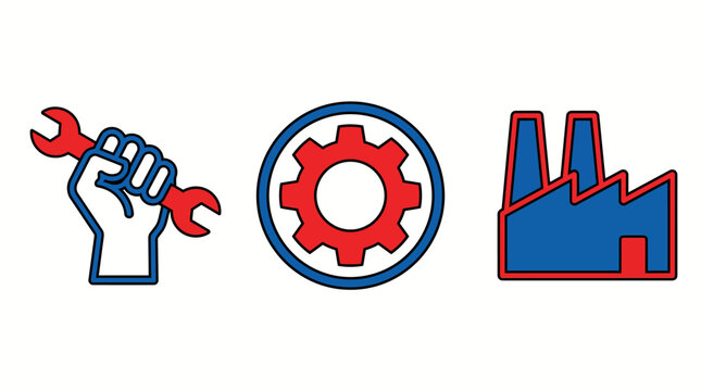 Labor day vector icons set featuring strong hand holding wrench, factory building and toolbox in red and blue flat style isolated on white background