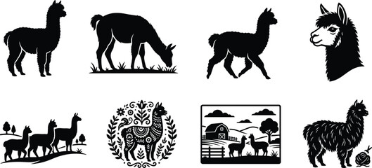 Alpaca and llama vector icon set featuring silhouettes, rustic farm landscapes, folk art designs, and wool production elements © MdSagor