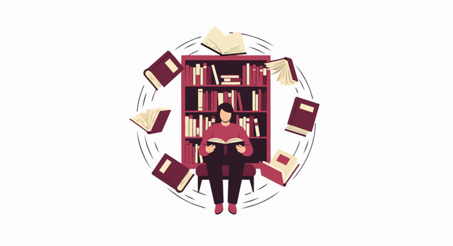 Flat Illustration of a Person Reading a Book with Flying Books Around a Library Bookshelf - Education and Imagination Concept