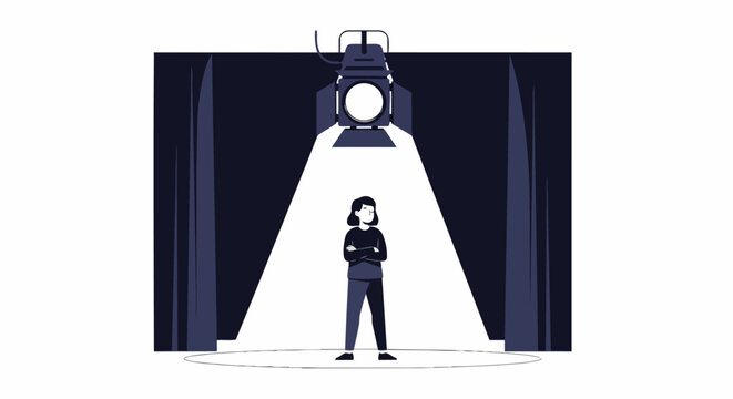 Confident Woman Standing in Spotlight on Theater Stage Illustration - Concept of Success, Achievement, and Fame - Minimalist Vector Design