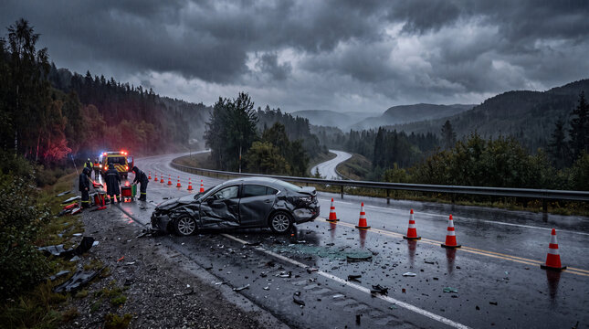 Severe car accident scene showing a vehicle with extensive front-end damage after a major collision.  traffic safety, vehicle crash, automotive damage, driving risk, safe driving, car insurance