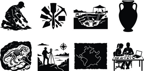 Archaeology and paleontology silhouette icons set featuring excavation site, ancient artifacts, dinosaur fossils, and researchers working in field © MdSagor