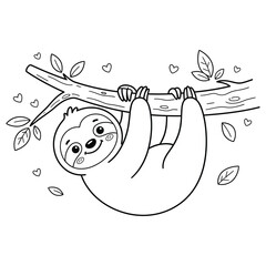 Obraz premium Cute Sloth Hanging on Tree Branch Coloring Page for Kids Outline Illustration
